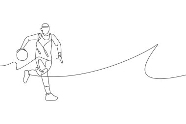 Genç ve enerjik basketbolcunun çizdiği bir çizim vektör çizimi. Spor yarışması konsepti. Basketbol turnuvası afişi ve afişi için modern sürekli çizim tasarımı