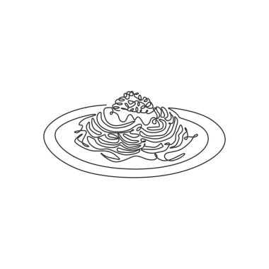 Stilize İtalyan spagetti logosunun aralıksız çizimi. İtalyan makarna restoranı konsepti. Kafe, dükkan veya yemek dağıtım servisi için modern bir çizim çizimi tasarım vektör ilüstrasyonu