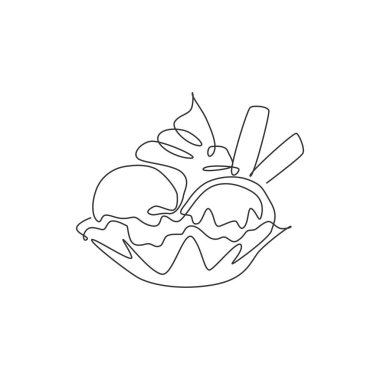 Şekillendirilmiş dondurmalı dondurma bardağı logosunun aralıksız çizimi. Tatlı restoranı konsepti. Modern bir çizgi çizimi tasarım vektör çizimi çizimi Cafe ve akşam yemeğini büfede yemek için grafiksel
