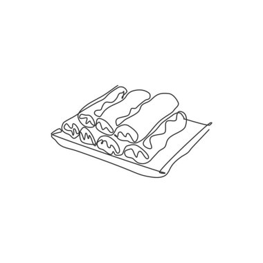 Stilize edilmiş Çin böreği logosunun aralıksız tek çizgi çizimi. Asya lokantası menüsü konsepti. Kafe, dükkan veya yemek dağıtım servisi için modern bir çizim çizimi tasarım vektör ilüstrasyonu