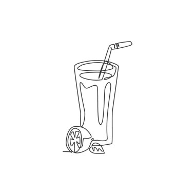 Restoran menüsü için aralıksız taze limonata buzu çizimi. Kafeterya şablon sanat konsepti içer. Modern tek çizgi tasarım grafik vektör çizimi