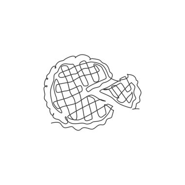 Logo amblemi için nefis bir Amerikan elmalı turtası çizimi. Pasta dükkanı logoti şablon konsepti. Modern tek çizgi çizimi tasarım vektör çizimi