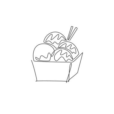 Stilize edilmiş Japon takoyaki top logosunun aralıksız çizimi. Amblem deniz ürünleri restoranı konsepti. Kafe, dükkan veya yemek dağıtım servisi için modern bir çizim çizimi tasarım vektör ilüstrasyonu