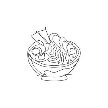 Taze Japon ramen logosunun tek bir çizgi çizimi grafik vektör çizimi. Fast food Japon noodle cafe menüsü ve restoran rozeti konsepti. Modern sürekli çizgi tasarım sokak yiyecekleri logosu