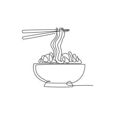 Lezzetli Japon Ramen Logosu ambleminin aralıksız çizimi. Fast food Japon noodle cafe logoti şablon konsepti. Modern tek çizgi çizimi tasarım vektör çizimi