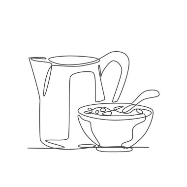 Bir kâse kahvaltılık gevrek ve bir sürahi süt vektörü grafikleri çizimi. Sağlıklı günlük yemek rozeti kavramı. Modern sürekli çizgi tasarımı doğal gıda logosu