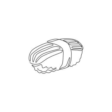 Lezzetli Japon nigiri suşi bar amblemi çizen kesintisiz bir çizgi. Japon deniz ürünleri dükkanının logoti şablon konsepti. Modern tek çizgi çizimi tasarım vektör grafik çizimi