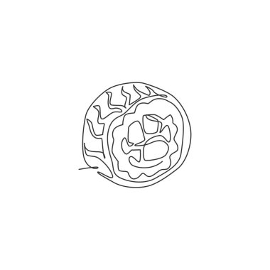 Lezzetli Japon suşi bar logosunun aralıksız çizimi. Japon deniz ürünleri kafe logoti şablon konsepti. Modern tek çizgi çizimi tasarım vektör çizimi