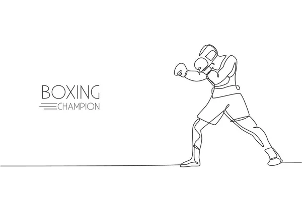 Eine Einzige Linienzeichnung Eines Jungen Energischen Boxers Der Einer Sporthalle — Stockvektor