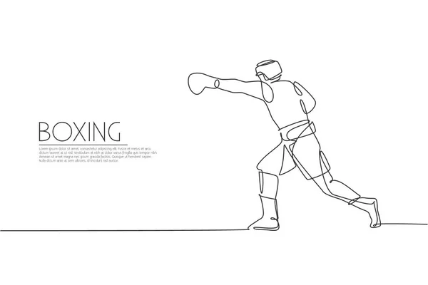 一个连续的线条画的年轻的运动男子拳击手练习钩拳 竞技体育的概念 拳击比赛促销海报动态单行绘图矢量插画 — 图库矢量图片