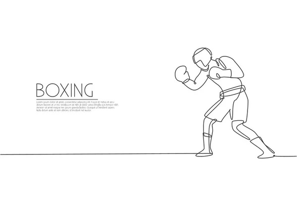 Una Sola Línea Dibujo Del Joven Boxeador Enérgico Enfoque Practicando — Vector de stock