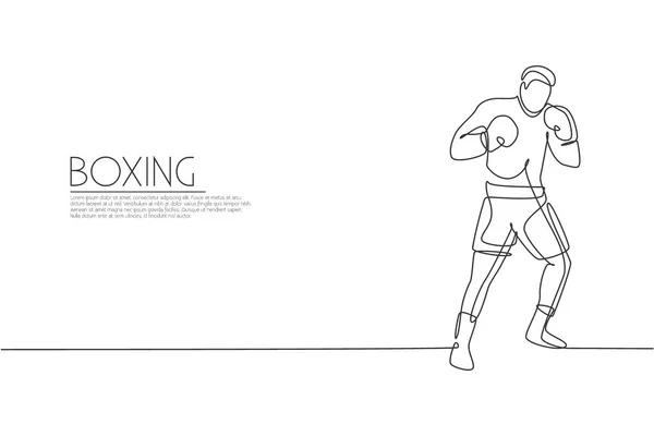 若い敏捷性の男性ボクサーの単一の連続線画は ジムでの彼の戦闘姿勢を向上させます 公正な組み合わせのスポーツの概念 トレンド1ラインは ボクシングゲームのプロモーションメディアのためのデザインベクトルイラストを描く — ストックベクタ