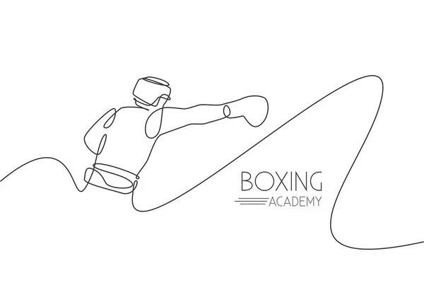 Eine Einzige Linienzeichnung Eines Jungen Energischen Boxers Der Schlagaktionsvektorillustration Übt — Stockvektor