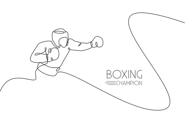 Desenho Linha Contínua Jovem Boxeador Desportivo Praticando Gancho Soco Conceito — Vetor de Stock