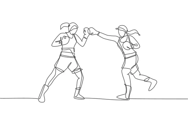 Μια Γραμμή Σχέδιο Δύο Νέων Ενεργητικών Γυναικών Πυγμαχία Πυγμαχία Αγώνα — Διανυσματικό Αρχείο