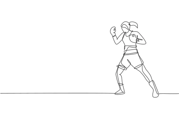 Dibujo Línea Continua Única Joven Mujer Ágil Boxeadora Postura Confianza — Archivo Imágenes Vectoriales