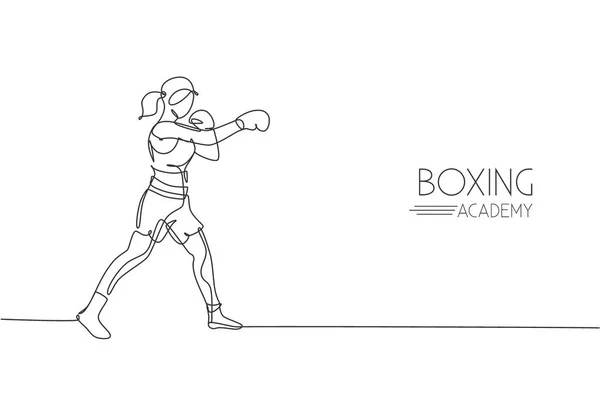 若い精力的な女性ボクサーフォーカスの一本の線画は彼女のパンチベクトルイラストを訓練します スポーツの組み合わせトレーニングの概念 現代連続線は ボクシング選手権のバナーのデザインを描く — ストックベクタ