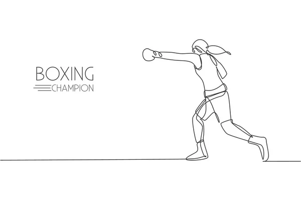 Simple Ligne Continue Dessin Jeune Femme Agile Boxer Attaque Avec — Image vectorielle