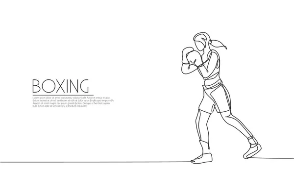 若いスポーティーな女性ボクサーの1つの連続線画は 防衛スキルを向上させます 競争力のある戦闘スポーツコンセプト ダイナミックシングルラインドローデザインベクトルイラストForボクシングマッチプロモーションポスター — ストックベクタ