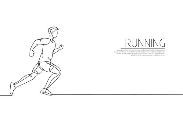 One Single Line Drawing Young Energetic Man Runner Running Fast — Stock Vector