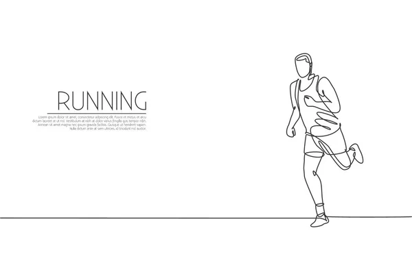 One Single Line Drawing Young Energetic Man Runner Focus Run — Stock Vector