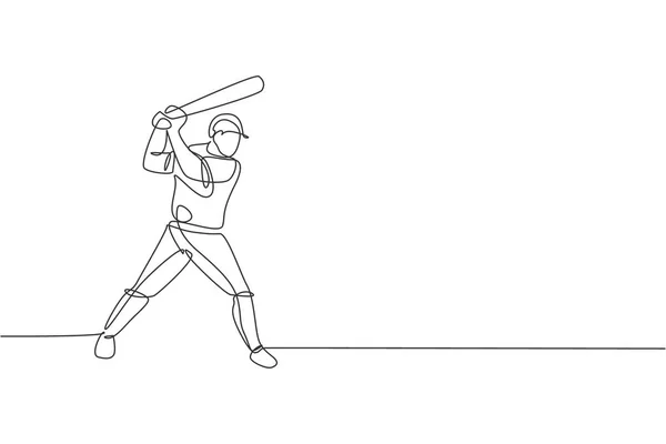 Disegno Linea Continua Giovane Sportivo Giocatore Baseball Pratica Colpire Palla — Vettoriale Stock