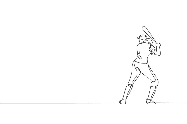 Disegno Linea Continua Giovane Donna Sportiva Giocatore Baseball Pratica Colpire — Vettoriale Stock