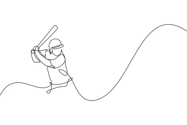 Jednoduché Kontinuální Kreslení Mladého Agilní Muž Baseballový Hráč Zaměření Praxe — Stockový vektor