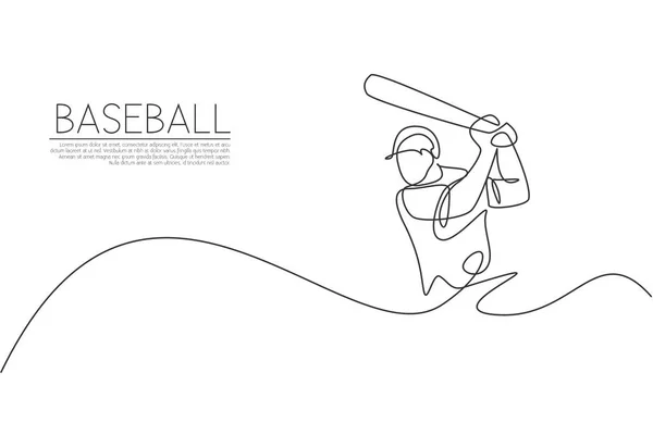 One Single Line Drawing Young Energetic Man Baseball Player Practice — Stock Vector