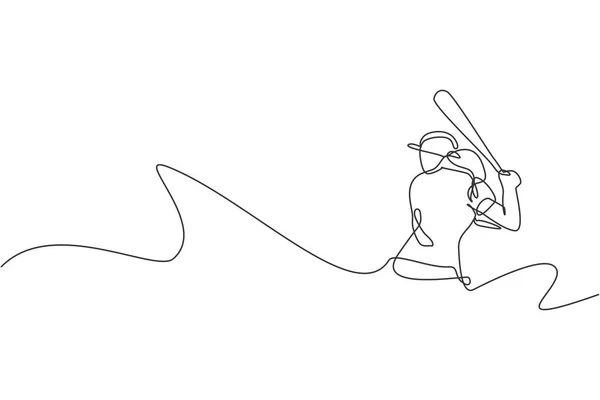 Single Continuous Line Drawing Young Agile Woman Baseball Player Practice — Stock Vector