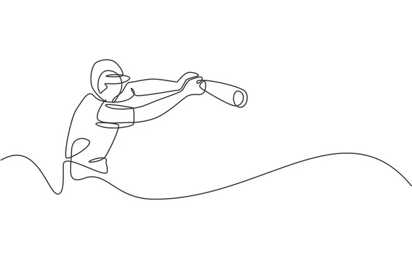Один Непрерывный Рисунок Линии Молодой Ловкий Человек Бейсболист Тренировки Ударить — стоковый вектор