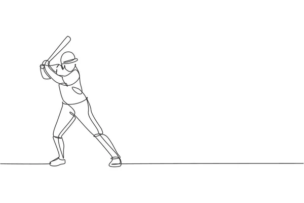 Single Continuous Line Drawing Young Agile Man Baseball Player Ready — Stock Vector