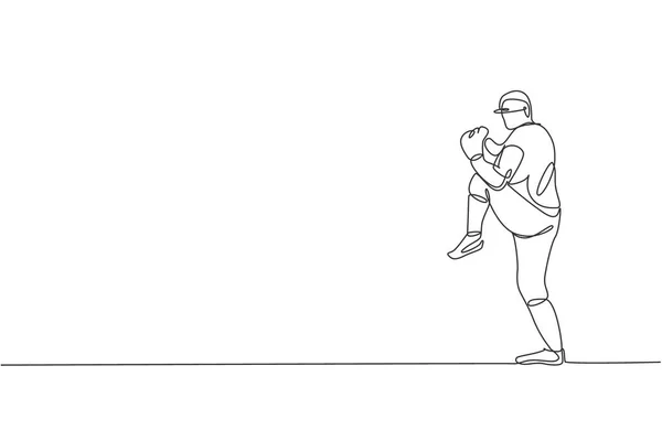 Dessin Ligne Continue Jeune Homme Sportif Base Ball Exercice Lanceur — Image vectorielle