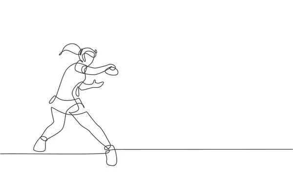 Une Seule Ligne Continue Dessin Jeune Femme Agile Joueur Tennis — Image vectorielle