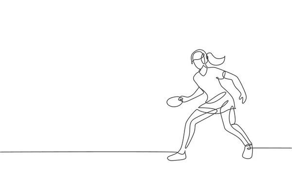 Dibujo Línea Única Continua Una Joven Jugadora Tenis Mesa Ágil — Vector de stock