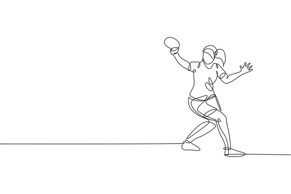若いスポーティな女性卓球選手の連続線描がボールを打つ 競技の概念 ピンポン選手権ポスターのためのシングルラインドローデザイングラフィックベクトルイラスト — ストックベクタ