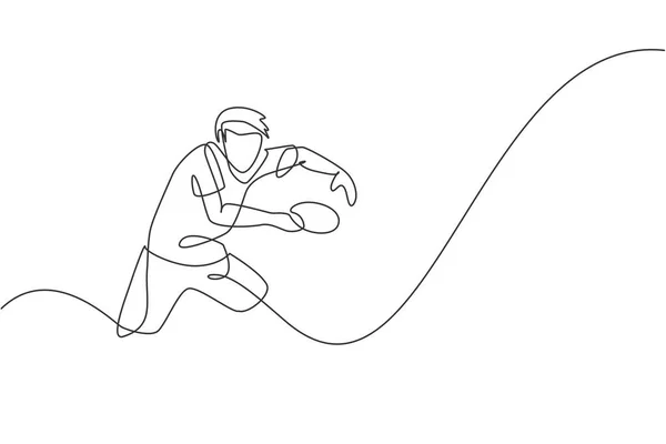 Una Línea Continua Dibujo Deportivo Jugador Tenis Mesa Hombre Pie — Archivo Imágenes Vectoriales