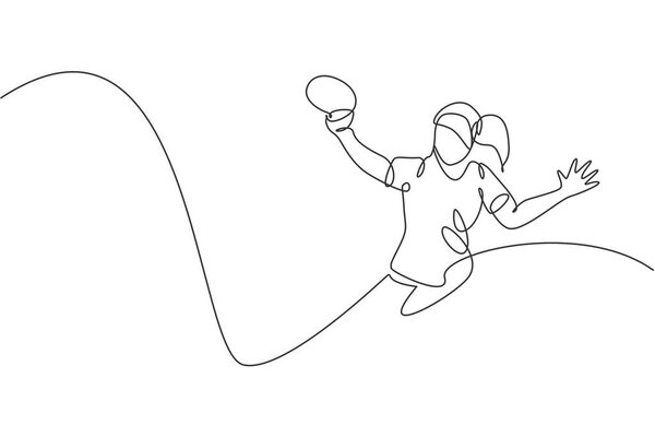 Одна линия рисования молодой энергичной женщины настольный теннисист защиты от конкурирующей векторной иллюстрации. Концепция спортивных тренировок. Современный дизайн непрерывной ничьей для пинг-понга