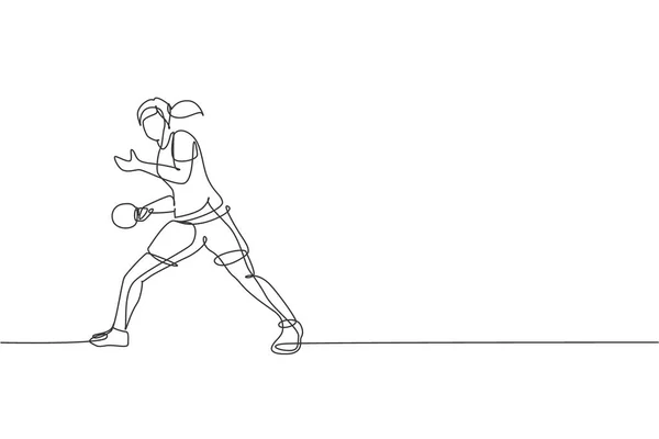 Una Sola Línea Continua Dibujo Una Joven Jugadora Tenis Mesa — Archivo Imágenes Vectoriales
