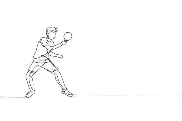 Een Continue Lijn Tekening Van Jonge Sportieve Man Tafeltennis Speler — Stockvector