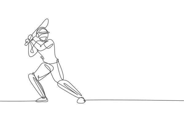 Disegno Linea Continua Giovane Uomo Felice Giocatore Cricket Piedi Praticare — Vettoriale Stock