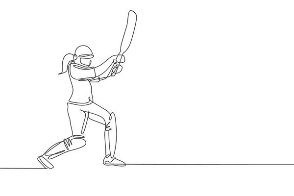 若い精力的な女性クリケット選手の立っているとボールを打つので ハードベクトルイラストの1つの線画 スポーツの概念 クリケット競技用バナーのための近代的な連続線描画デザイン — ストックベクタ