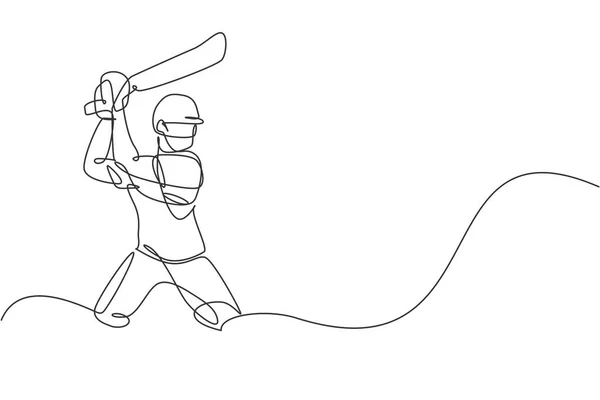 Jednoduchá Souvislá Kresba Mladého Hbitého Hráče Kriketu Který Stojí Připraven — Stockový vektor