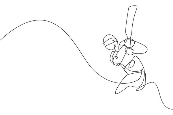 Один непрерывный рисунок линии молодого счастливого игрока в крикет ударил по мячу на векторной иллюстрации соревнования. Конкурентная спортивная концепция. Динамический рисунок одной линии для рекламного плаката