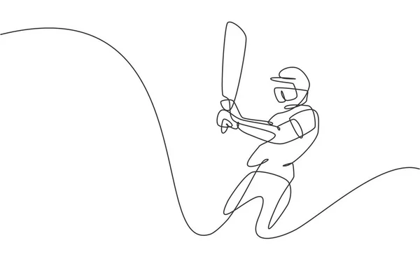 Jednoduchá Kontinuální Kresba Mladé Agilní Muž Kriket Hráč Houpačka Kriket — Stockový vektor
