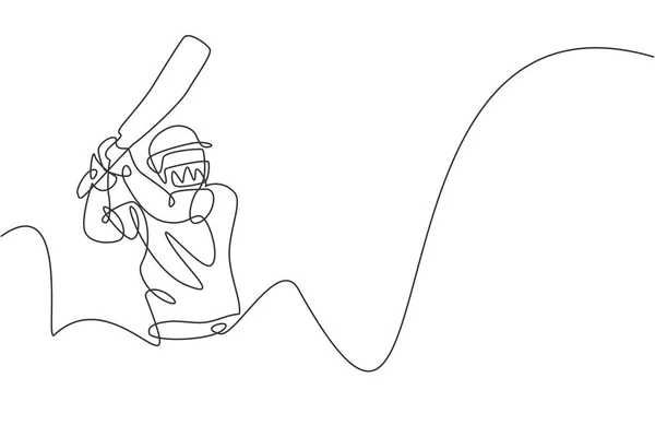 Una Sola Línea Dibujo Práctica Joven Jugador Cricket Hombre Enérgico — Archivo Imágenes Vectoriales