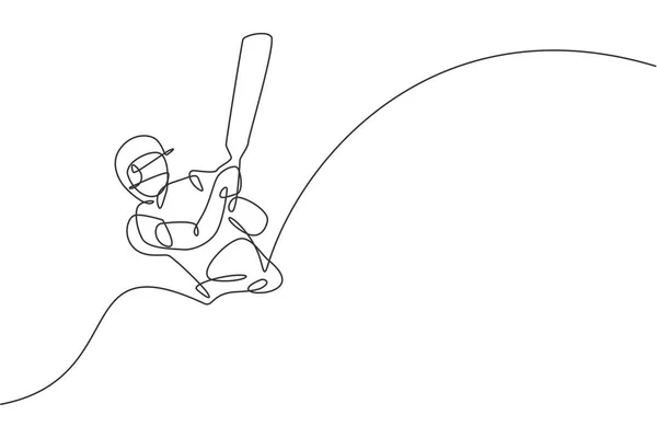 One Continuous Line Drawing Young Happy Man Cricket Player Focus — Stock Vector