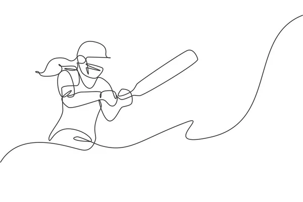 Однорядковий Малюнок Молодої Енергійної Жінки Крикету Успішно Вдарив Додому Векторна — стоковий вектор