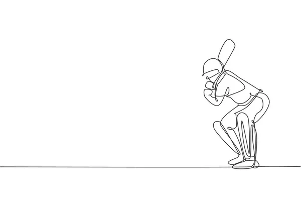 Een Continue Lijn Tekening Van Jonge Man Cricket Speler Houding — Stockvector