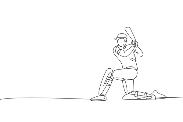 Een Enkele Lijn Tekening Van Jonge Energieke Man Cricket Speler — Stockvector